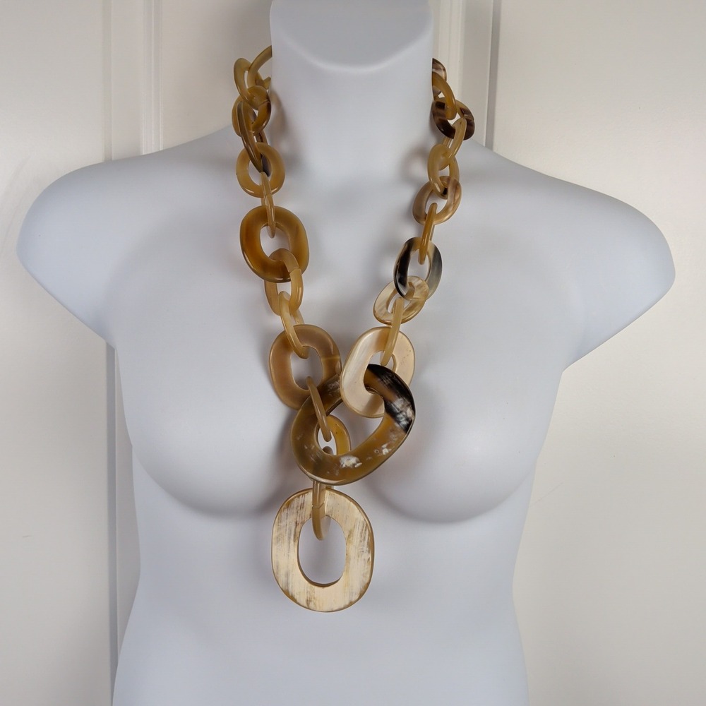 Chunky Horn-Style Oval Link Statement Necklace Brown Cream Long Boho
